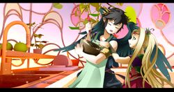  1boy 1girl ahoge angel angel_wings apple apron black_hair blonde_hair bowl dark_pit flower food fruit green_apple green_apron hair_flower hair_ornament holding holding_bowl holding_whisk kid_icarus kid_icarus_uprising laurel_crown letterboxed looking_at_another open_mouth pointing sink tosho_(grandguignol39) viridi whisk wings 