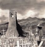  1girl animal backpack bag bell_tower clouds cross day facing_away feet_out_of_frame graveyard greyscale helmet highres holding holding_animal kaban_(kemono_friends) kemono_friends monochrome mountainous_horizon outdoors pantyhose_under_shorts payama pith_helmet real_world_location ruins scenery serval shirt short_sleeves shorts solo standing tower wide_shot 