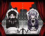  1boy 1girl 2024 absurdres angela_(project_moon) artist_logo black_eyes black_gloves black_hair black_jacket blue_coat blue_hair candelabra candlestand chair closed_eyes closed_mouth coat collared_shirt curtains elbows_on_table fence fixer_(vocaloid) fork frilled_sleeves frills gloves highres hirayacreates jacket knife library_of_ruina plate project_moon roland_(project_moon) shirt short_hair sitting smile white_gloves white_shirt 
