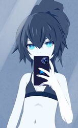  1girl 32zzz black_bra black_hair black_rock_shooter black_rock_shooter_(character) blue_eyes bra cellphone hair_ornament highres holding holding_phone looking_at_mirror mirror navel pale_skin phone reflection ringed_eyes selfie sidelocks smartphone solo sports_bra star_(symbol) star_print taking_picture underwear 