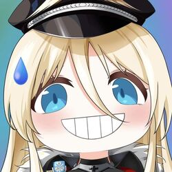  1girl azur_lane bismarck_(azur_lane) blonde_hair grin long_hair quancy sweatdrop third-party_edit 