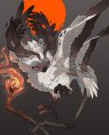  animal_focus antlers beak bird bird_wings branch brown_horns bul_(moiko) claws commission feathered_wings feathers fire full_body grey_background highres horns multiple_wings no_humans original red_eyes simple_background solo tail talons tsurime wings 