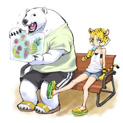  1girl 2021 action_taimanin animal_ears animal_hands apron ass bear bench blonde_hair claws crocs eating food food_in_mouth green_eyes ice loose_clothes loose_shirt polar_bear popsicle popsicle_in_mouth shirt shoes short_hair shorts sitting strapless tail taimanin_(series) taimanin_rpgx tiger_ears tiger_girl tiger_paws tiger_tail torajiro_(taimanin_series) tube_top vest white_shirt wooden_bench zol 