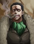  1boy ascot black_hair brown_background cigar coat collared_shirt crocodile_(one_piece) english_commentary fang fur_coat furrowed_brow g070ki green_ascot hair_slicked_back high_collar highres looking_at_viewer looking_down male_focus medium_hair one_piece open_mouth partially_shaded_face scar scar_on_face shirt smoke smoking teeth thick_neck tongue upper_body 