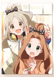  2girls absurdres adjusting_bow ahoge alternate_hairstyle bead_bracelet beads black_ribbon blue_scrunchie blush bow bracelet breasts brown_hair buchi_(y0u0ri_) collarbone dot_nose green_eyes grey_hair hair_bow hair_ribbon handa_roco headphones highres idolmaster idolmaster_million_live! idolmaster_million_live!_theater_days jacket jewelry long_hair long_sleeves looking_at_mirror medium_breasts mirror multiple_girls necklace nikaidou_chizuru open_mouth orange_jacket parted_bangs polka_dot polka_dot_ribbon ponytail ribbon scrunchie smile sweatdrop v-shaped_eyebrows very_long_hair white_jacket wrist_scrunchie yellow_eyes 