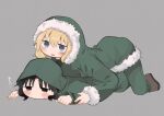  2girls black_eyes black_hair blonde_hair blush chito_(shoujo_shuumatsu_ryokou) coat commentary fur-trimmed_coat fur_trim girl_on_top green_coat green_pants grey_background highres hood hood_up lying military military_uniform multiple_girls no_nose on_stomach pants shoujo_shuumatsu_ryokou sweatdrop uniform yoyohachi yuri yuuri_(shoujo_shuumatsu_ryokou) 