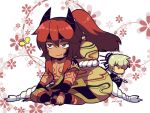  2boys arm_tattoo black_horns black_wristband bug butterfly chest_tattoo chibi chibi_only fang fingernails gourd hair_between_eyes horns jitome kotorai multiple_boys musou_orochi no_nose pectorals red_eyes redhead scales sharp_fingernails shuten_douji_(musou_orochi) sitting smile taigong_wang tattoo white_hair 