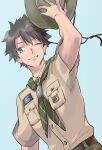  1boy black_hair blue_eyes boy_scout chaldea_logo fate/grand_order fate_(series) fujimaru_ritsuka_(male) fujimaru_ritsuka_(male)_(chaldea_pathfinder) green_neckerchief hat holding holding_clothes holding_hat metarogu neckerchief official_alternate_costume one_eye_closed scout_uniform shirt short_hair short_sleeves smile striped_neckerchief swimsuit 