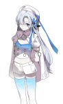  1girl arms_behind_back blue_eyes blue_flower blue_ribbon blue_shirt blue_thighhighs closed_mouth commentary_request feet_out_of_frame flower fresa_pie grey_hair hair_flower hair_ornament hair_over_one_eye highres isekai_joucho kamitsubaki_studio long_hair looking_at_viewer one_eye_covered ribbon shirt short_sleeves shorts shrug_(clothing) simple_background solo thigh-highs white_background white_hat white_shorts white_shrug 