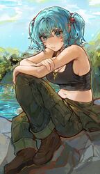 3girls absurdres alternate_costume amel_303 black_tank_top blue_eyes blue_hair blue_sky brown_footwear camouflage camouflage_pants cirno closed_mouth clouds commentary_request daiyousei forest green_pants hair_bobbles hair_ornament highres kawashiro_nitori key knees_up looking_at_viewer multiple_girls nature navel outdoors pants sitting sky solo_focus tank_top touhou two_side_up