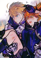  1boy 1girl armor arthur_pendragon_(fate) black_skirt blonde_hair blue_eyes carrying debris fate/grand_order fate_(series) fujimaru_ritsuka_(female) fujimaru_ritsuka_(female)_(polar_chaldea_uniform) gauntlets open_mouth orange_eyes orange_hair princess_carry sangzhujun scratches serious skirt teeth upper_teeth_only wind 