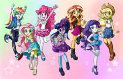  1boy 6+girls ;d animal_collar animal_hands apple_print applejack applejack_(equestria_girls) bare_shoulders black_jacket blonde_hair blue_eyes blue_skin blunt_bangs boots collar colored_skin cowboy_boots cowboy_hat curly_hair dress english_commentary fluttershy fluttershy_(equestria_girls) freckles frilled_skirt frills full_body green_eyes hair_ornament hand_on_headwear hat high_heel_boots high_heels jacket jens_drawings jewelry kneehighs long_hair multicolored_hair multiple_girls my_little_pony my_little_pony:_equestria_girls my_little_pony:_friendship_is_magic necklace one_eye_closed open_mouth orange_skin pink_skin pinkie_pie pinkie_pie_(equestria_girls) ponytail purple_hair purple_skin rainbow_dash rainbow_dash_(equestria_girls) rainbow_hair rarity_(equestria_girls) rarity_(my_little_pony) redhead sandals sci-twi shirt shoes short_sleeves shorts sidelocks skirt skirt_pocket sleeveless smile sneakers socks spike_(my_little_pony) streaked_hair sunset_shimmer sunset_shimmer_(human) thigh-highs toes twilight_sparkle v waving white_thighhighs yellow_skin 