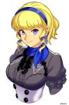  1girl blonde_hair blue_hairband colored_inner_hair constance_von_nuvelle drill_hair drill_sidelocks earrings english_commentary fire_emblem fire_emblem:_three_houses garreg_mach_monastery_uniform hairband highres jewelry multicolored_hair purple_hair sidelocks smgold solo two-tone_hair 