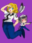 2girls alice_margatroid animal_ears black_necktie blonde_hair blue_eyes blue_footwear blue_pants breast_pocket breasts collared_shirt commentary_request cookie_(touhou) full_body grey_hair gun hand_on_own_hip handgun hat hat_loss holding holding_gun holding_weapon jumping kanakamei1 kofji_(cookie) looking_at_viewer medium_bangs medium_breasts mouse_ears mouse_girl mouse_tail multiple_girls nazrin necktie open_mouth pants pocket police police_hat police_uniform policewoman purple_background red_eyes salute shirt shoes short_hair short_sleeves simple_background smile tail touhou uniform walkie-talkie weapon web_(cookie) white_hat white_shirt 