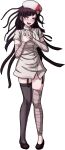  1girl :o alternate_costume alternate_hairstyle bandaged_leg bandages black_hair blunt_bangs chomaeki danganronpa_(series) danganronpa_3_(anime) dress hat highres long_hair looking_at_viewer mole mole_under_eye nurse nurse_cap official_alternate_costume official_alternate_hairstyle solo teeth tsumiki_mikan white_dress 