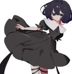  1girl black_dress black_eyes black_hair black_ribbon collared_dress colored_inner_hair cowboy_shot dress floating_clothes hair_between_eyes highres leaning_to_the_side looking_at_viewer medium_hair multicolored_hair original puffy_short_sleeves puffy_sleeves redhead ribbon short_sleeves simple_background sobamushi_mo solo thigh_strap white_background 