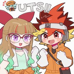  1girl 2boys blush brown_hair choker glasses gloves green_eyes hat jacket long_hair multicolored_hair multiple_boys ohdo_yuamu ohdo_yuhi open_clothes open_jacket open_mouth orange_hat pandakokkopanda red_eyes smile spiky_hair violet_eyes white_gloves white_jacket yu-gi-oh! yu-gi-oh!_go_rush!! yudias_velgear 