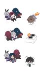  2boys 2girls absurdres black_pants blade_(honkai:_star_rail) brown_coat brown_hair chibi clothes_hanger coat cropped_torso crying crying_with_eyes_open dan_heng_(honkai:_star_rail) display_case english_text evil_grin evil_smile from_behind green_hair grey_hair grin handheld_game_console highres holding_another&#039;s_arm honkai:_star_rail honkai_(series) jacket kafka_(honkai:_star_rail) looking_at_another looking_at_object motion_lines multicolored_hair multiple_boys multiple_girls open_mouth pants redhead shirt silver_wolf_(honkai:_star_rail) simple_background smile solid_oval_eyes streaked_hair sweatdrop tears teeth trembling turn_pale user_kva1947 white_background white_jacket white_shirt 