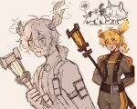  1boy 1girl animal_ears antlers belt black_bodysuit blonde_hair bodysuit broken_antler don_quixote_(project_moon) holding holding_staff horns krauuu003 limbus_company low_ponytail one_eye_closed project_moon rabbit_ears reindeer_antlers sinclair_(project_moon) staff strap yellow_eyes 