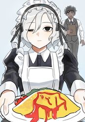  2boys alternate_costume apron bags_under_eyes bazyrak_karlcoux black_dress black_eyes black_hair blue_eyes cherry_tomato crossdressing curly_hair dark-skinned_male dark_skin dress dungeon_meshi elf enmaided food frilled_apron frills grey_background grey_hair highres holding holding_food holding_plate kabru ketchup lazy_eye looking_at_viewer maid maid_apron maid_headdress male_focus male_maid mithrun multiple_boys notched_ear omelet omurice open_mouth pants plate pointy_ears shirt short_hair simple_background suit sweatdrop tomato uneven_eyes vest waiter waitress wavy_hair white_apron white_shirt 