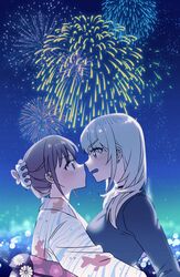  2girls absurdres aerial_fireworks black_shirt blue_eyes blush closed_mouth commentary_request earclip fireworks girls_band_cry grey_eyes grey_hair habsida_(habsida_hpy) highres hug imminent_kiss iseri_nina japanese_clothes kawaragi_momoka kimono korean_commentary long_hair multiple_girls night night_sky obi outdoors print_kimono sash shirt sky white_kimono yuri 