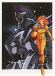  1990s_(style) 1girl artist_request berah_ronah boots cecily_fairchild crossbone_vanguard emblem gloves gundam gundam_f91 helmet highres key_visual mecha mobile_suit official_art pilot promotional_art retro_artstyle robot scan science_fiction space spoilers starry_background traditional_media unworn_headwear unworn_helmet vigna_ghina 