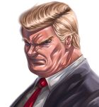  1boy animification black_jacket blonde_hair blue_eyes colonado commentary donald_trump jacket male_focus necktie old old_man real_life red_necktie shirt short_hair simple_background solo suit_jacket white_background white_shirt 