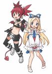  2girls angel angel_wings bat_wings blonde_hair blue_eyes boots bow choker demon_girl demon_tail demon_wings detached_sleeves disgaea earrings elbow_gloves etna_(disgaea) feathered_wings flat_chest flonne full_body gloves jewelry legs long_hair looking_at_viewer makai_senki_disgaea mini_wings multiple_girls navel o-ring o-ring_choker o-ring_collar pointy_ears red_eyes red_tail red_wings redhead ribbon skirt skull_earrings smile tail thigh-highs twintails white_background wings yeh 