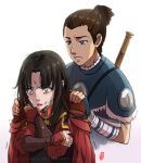  1boy 1girl artist_name avatar:_the_last_airbender avatar_legends azula black_hair blue_eyes brown_hair commentary commission crying crying_with_eyes_open deviantart_username english_commentary injury kellylee lips lipstick long_hair long_sleeves makeup ponytail red_lips short_hair signature simple_background sokka tears weapon weapon_on_back web_address white_background yellow_eyes 