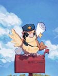  animal_focus bird black_eyes clouds day full_body hat highres looking_at_viewer mailbox_(incoming_mail) no_humans outdoors pidgey pokemon pokemon_(anime) pokemon_(classic_anime) pokemon_(creature) scroll sky solo sparkle standing 