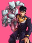  1boy absurdres anchor_symbol black_hair black_jacket buttons clenched_hand commentary_request crazy_diamond earrings fingernails gakuran glaring grey_eyes heart higashikata_josuke highres jacket jewelry jojo_no_kimyou_na_bouken kaib0y long_sleeves looking_at_viewer male_focus open_mouth peace_symbol pink_background pompadour school_uniform shirt short_hair simple_background solo spikes stand_(jojo) yellow_shirt 