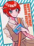  1girl arm_behind_back birthday blue_background brown_background brown_dress brown_eyes closed_mouth collared_shirt commentary danganronpa_(series) danganronpa_2:_goodbye_despair dress dress_shirt gingham_necktie happy_birthday heart highres holding holding_photo koizumi_mahiru looking_at_viewer meta_akira multicolored_background necktie photo_(object) pinafore_dress pleated_dress polka_dot polka_dot_background red_necktie redhead school_uniform shirt short_hair short_sleeves sleeveless sleeveless_dress smile solo square_pupils standing strap striped_background upper_body white_background white_necktie white_shirt 