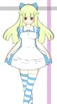  1girl apron asymmetrical_legwear black_alice_(mon-musu_quest!) blonde_hair blue_bow blue_dress blue_thighhighs blunt_bangs bow breasts closed_mouth commentary_request curtsey dress feet_out_of_frame hair_bow highres light_blush long_hair looking_at_viewer mismatched_legwear mon-musu_quest! mushturb8 partial_commentary red_eyes short_sleeves sidelocks simple_background small_breasts smile solo straight-on striped_clothes striped_thighhighs thigh-highs white_apron white_background white_thighhighs zettai_ryouiki 