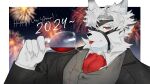  1boy 2024 animal_ears ascot black_suit claws colored_tips cup drink drinking_glass eyepatch fireworks furry furry_male grey_vest happy_new_year highres holding holding_cup holding_drink jujurlyreckless looking_at_viewer male_focus multicolored_hair one_eye_covered red_ascot red_eyes red_wine saliva saliva_trail shirt spilling suit tongue tongue_out upper_body vest von_lycaon white_shirt wine_glass wolf_boy wolf_ears zenless_zone_zero 