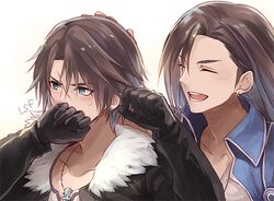  2boys asymmetrical_bangs bad_id bad_pixiv_id black_gloves black_jacket blue_eyes blue_jacket blush brown_hair closed_eyes commentary_request covering_own_mouth earrings embarrassed father_and_son final_fantasy final_fantasy_viii fur-trimmed_jacket fur_trim gloves hair_over_one_eye hands_up happy high_collar hoop_earrings jacket jewelry laguna_loire long_hair long_sleeves looking_to_the_side male_focus multiple_boys necklace open_clothes open_jacket open_mouth pendant sasanomesi scar scar_on_face shirt short_hair signature smile squall_leonhart stud_earrings sweatdrop upper_body v-neck white_background white_fur white_shirt 