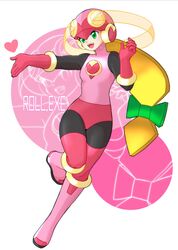  0xced3 1girl black_bodysuit blonde_hair bodysuit character_name full_body green_eyes heart helmet highres leotard long_hair mega_man_(series) mega_man_battle_network_(series) netnavi pink_helmet pink_leotard roll.exe_(mega_man) simple_background solo white_background 