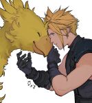  1boy absurdres animal armor belt black_gloves black_sweater blonde_hair blue_eyes chocobo closed_eyes cloud_strife commentary earrings final_fantasy final_fantasy_vii final_fantasy_vii_remake forehead-to-forehead from_side gloves hands_up happy heads_together highres jewelry leaning_forward light_smile male_focus muscular muscular_male parted_lips pauldrons sanuki_uudon3 short_hair shoulder_armor signature simple_background single_pauldron sleeveless sleeveless_sweater sleeveless_turtleneck spiky_hair stud_earrings suspenders sweater turtleneck turtleneck_sweater upper_body white_background yellow_bird 