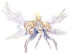  1girl angel angel_wings blonde_hair boots borrowed_character bracelet breasts commission detached_collar dress full_body gem halo head_wings highres jewelry long_hair looking_at_viewer multiple_wings mytea_(soso) original skeb_commission small_breasts solo thigh_boots very_long_hair white_background white_dress wings yellow_eyes 