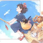  1girl ^_^ animal bad_source bird blue_dress bow box bread broom broom_riding brown_hair cat closed_eyes clouds commentary dress fairyapple food full_body hair_bow jiji_(majo_no_takkyuubin) kiki_(majo_no_takkyuubin) majo_no_takkyuubin profile red_bow red_footwear seagull short_hair sky symbol-only_commentary 