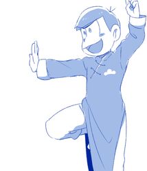  1boy alternate_costume antenna_hair arm_up blue_theme blunt_bangs blush_stickers changpao chinese_clothes cloud_print commentary_request foot_out_of_frame long_sleeves looking_ahead male_focus matsuno_karamatsu official_style open_mouth osmt365 osomatsu-san osomatsu_(series) outstretched_arms short_hair simple_background smile solo standing standing_on_one_leg v-shaped_eyebrows white_background 