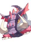  absurdres animal_focus closed_mouth colored_skin commentary_request elephant fangs gara_(qbeuxvii22) great_tusk grey_skin highres no_humans pokemon pokemon_(creature) simple_background skin_fangs spikes tail tusks white_background yellow_eyes 