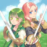  2girls back-to-back black_jacket blonde_hair blue_eyes blue_sky braid breasts brown_dress brown_gloves brown_jacket clouds cloudy_sky colored_tips commentary_request day dress eclair_seaetto gloves grass green_dress green_eyes green_hair highres holding holding_sword holding_weapon jacket light_smile long_hair looking_at_viewer medium_breasts minami_seira multicolored_hair multiple_girls outdoors pink_hair rishia_ivyred sky standing sweatdrop sword tate_no_yuusha_no_nariagari turtleneck turtleneck_jacket twin_braids uniform upper_body weapon white_dress 