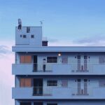  2boys against_railing apartment black_hair black_pants ceiling_light clouds commentary crossed_arms door facing_viewer grey_hair grey_shirt male_focus multiple_boys on_roof open_mouth original outdoors pants railing shirt short_hair sitting sky sokoko standing white_shirt window 