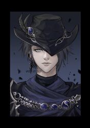  1girl androgynous bib_bb_bib black_border black_hair black_hat blue_gemstone border brooch commentary earrings final_fantasy final_fantasy_xiv gem gradient_border grey_background grey_eyes hat hat_feather hat_over_one_eye jewelry light_particles looking_at_viewer one_eye_covered portrait reaper_(final_fantasy) reverse_trap short_hair signature simple_background single_earring solo straight-on symbol-only_commentary tricorne twitter_username zero_(ff14) 