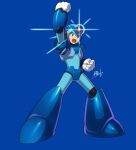  1boy android arm_up armor blue_armor blue_background blue_footwear blue_helmet clenched_hands forehead_jewel glint helmet hi-go! highres male_focus mega_man_(series) mega_man_x_(series) open_mouth signature simple_background solo x_(mega_man) 