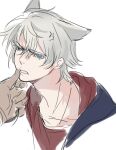  2boys anger_vein angry animal_ears blue_eyes cat_boy cat_ears devil_may_cry_(series) devil_may_cry_4 highres holding male_focus multiple_boys nero_(devil_may_cry) simple_background white_hair 