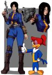  2girls absurdres black_hair blue_jumpsuit boots breasts character_request fallout_(prime_video) fallout_(series) gloves gun highres holding holding_gun holding_weapon jumpsuit jumpsuit_around_waist kekel long_hair looking_at_viewer lucy_maclean multiple_girls orange_eyes ponytail redhead simple_background smile toon_(style) vault_suit weapon 