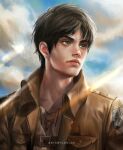  1boy artist_name artsbycarlos black_hair closed_mouth clouds cloudy_sky commentary english_commentary eren_yeager green_eyes jacket male_focus military_uniform outdoors paradis_military_uniform realistic shingeki_no_kyojin short_hair sky solo survey_corps_(emblem) uniform 