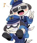  2boys :d ^_^ baton_(weapon) black_footwear black_necktie blank_eyes blue_jacket blue_pants blue_vest blush_stickers brothers carrying clenched_teeth closed_eyes daimon_kenshirou daimon_koushirou furry furry_male glasses hat highres jacket meerkat_boy multiple_boys musical_note necktie odd_taxi omochiutyu pants piggyback police police_hat police_uniform shaking shirt siblings smile snout spoken_musical_note sweat tail teeth uniform v v-shaped_eyebrows vest walkie-talkie weapon white-framed_eyewear white_background white_fur white_shirt 