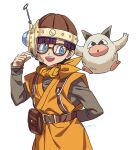  1girl antennae arm_behind_back belt blue_eyes blunt_bangs brown_belt chrono_trigger creature glasses grey_shirt headset helmet hosodayo kilwala long_sleeves lucca_ashtear neckerchief open_mouth orange_neckerchief orange_tunic purple_hair shirt smile twitter_username upper_body white_background white_fur 